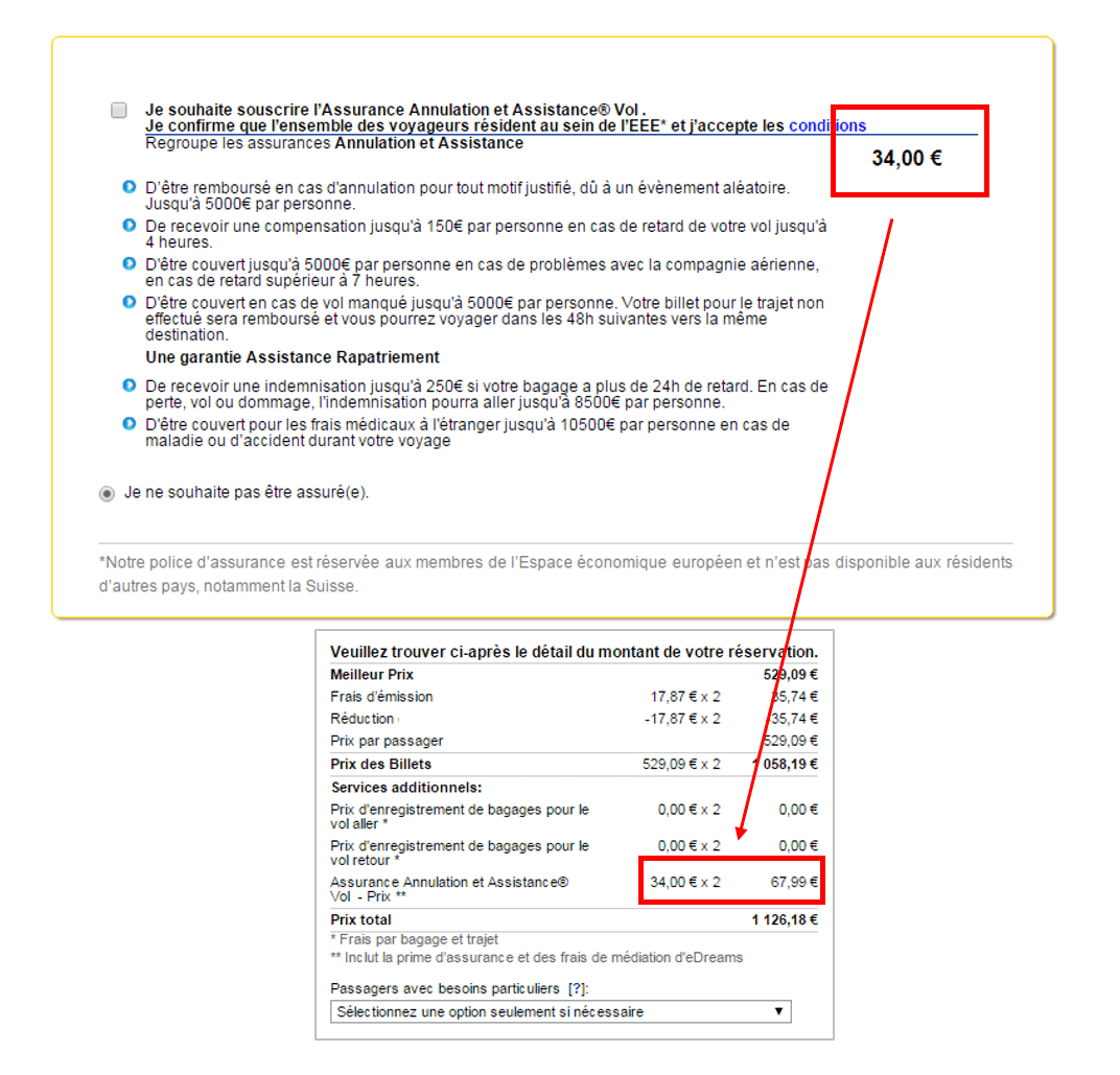 Le tarif d'assurance vol affiché n'est valable que pour un seul passager.