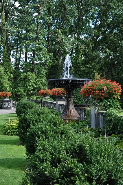 Fontaine embellissant un agréable parc.