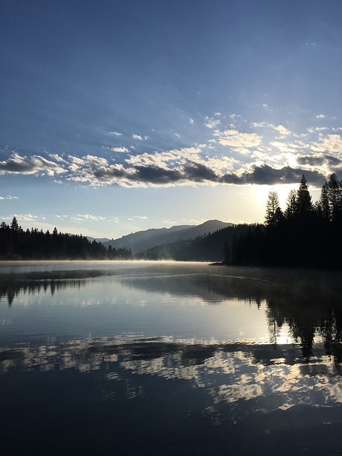 Etang bordé de forêts de séquoia.