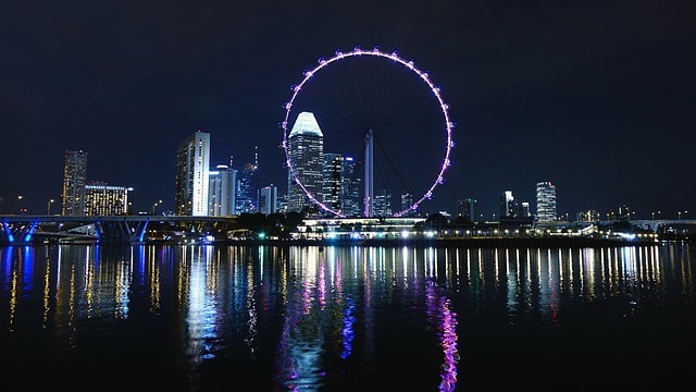 Vue sur le Singapour Flyer éclairé by night.