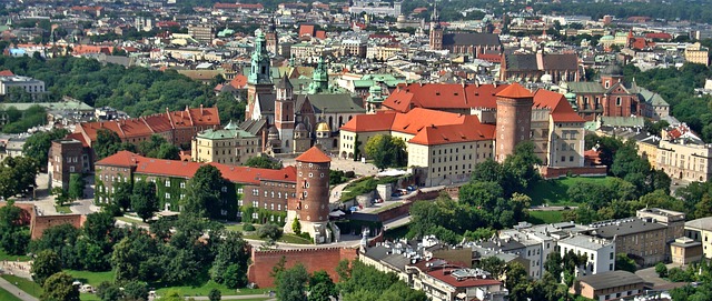 Vue aérienne sur la ville de Cracovie, son église, ses maisons à toits rouges.