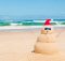 Un bonhomme de neige en sable sur une plage devant une mer verte. Top 25 des destinations Noël.