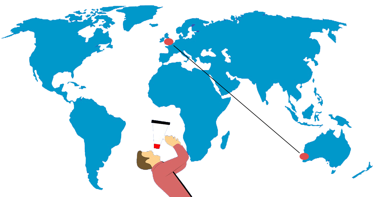 Carte du monde représentant la liaison aérienne entre Londres et Perth en Australie sans escale.