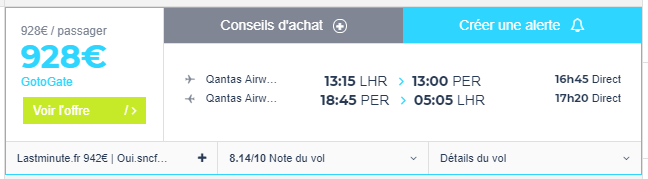 Résultat du comparateur Algofly.fr pour un vol direct Londres-Perth. 