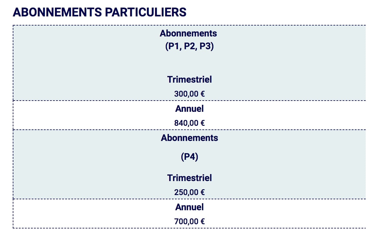 Tableau des tarifs d'un abonnement parking trimestriel ou annuel de l'aéroport de Paris-Beauvais.