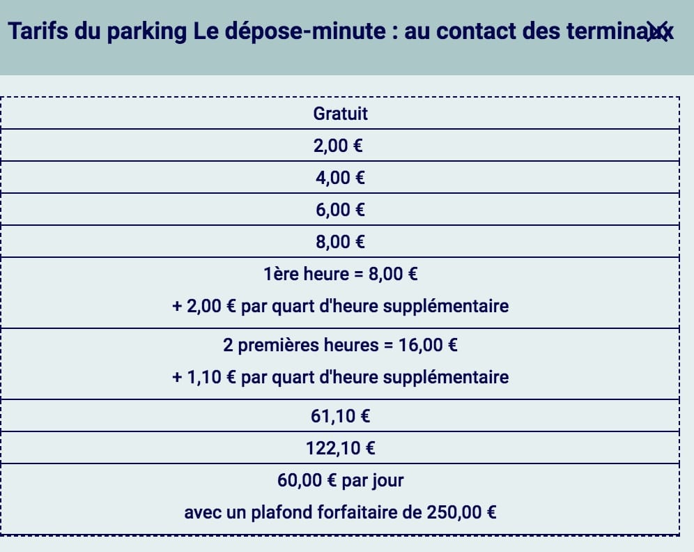 Tableau des tarifs du dépose-minute de l'aéroport de Paris-Beauvais.