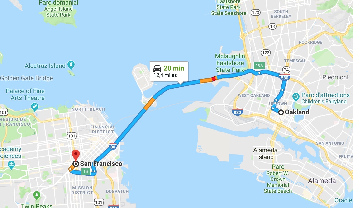 Carte Google Maps affichant le temps et la distance entre Oakland et San Francisco.