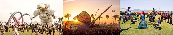 Mosaïque de photos de plusieurs oeuvres artistiques et activités lors de Coachella le festival mythique..