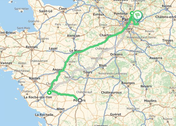 Le trajet du road trip spécial parcs d'attractions.