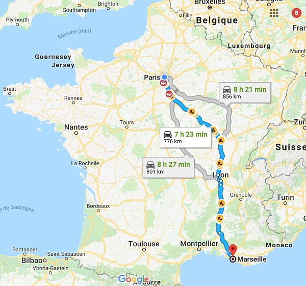 Trajet en voiture Paris-Marseille pour aller en Corse.