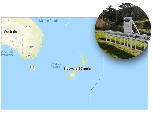 La carte de la Nouvelle-Zélande avec une petite photo de son info insolite. 