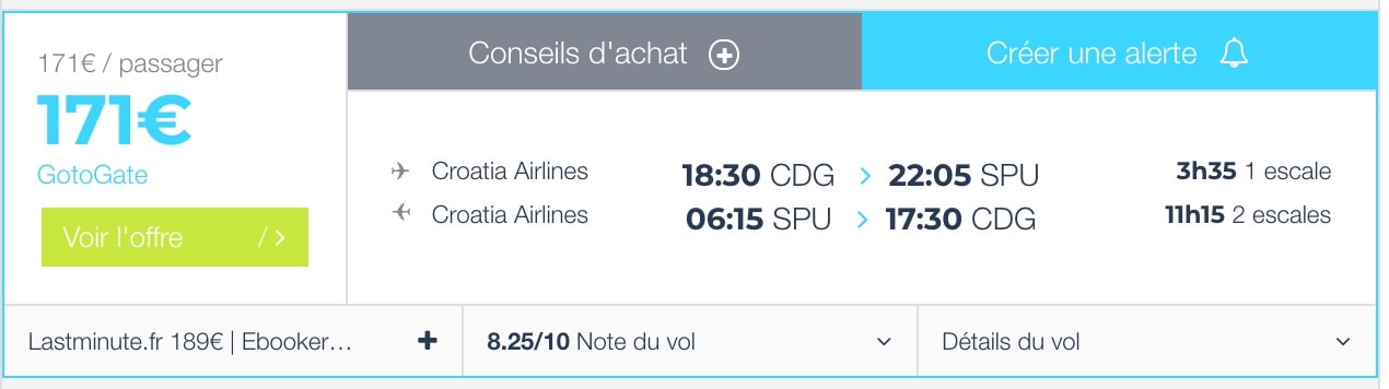 Résultat de la recherche sur Algofly.fr pour le trajet Paris - Croatie. 