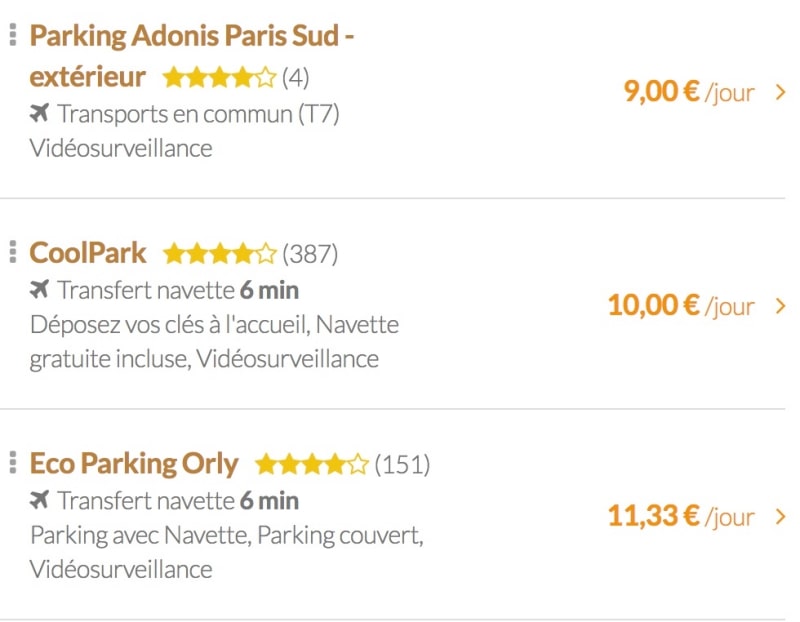 Les tarifs que propose les parkings concurrents pour 3 jours.