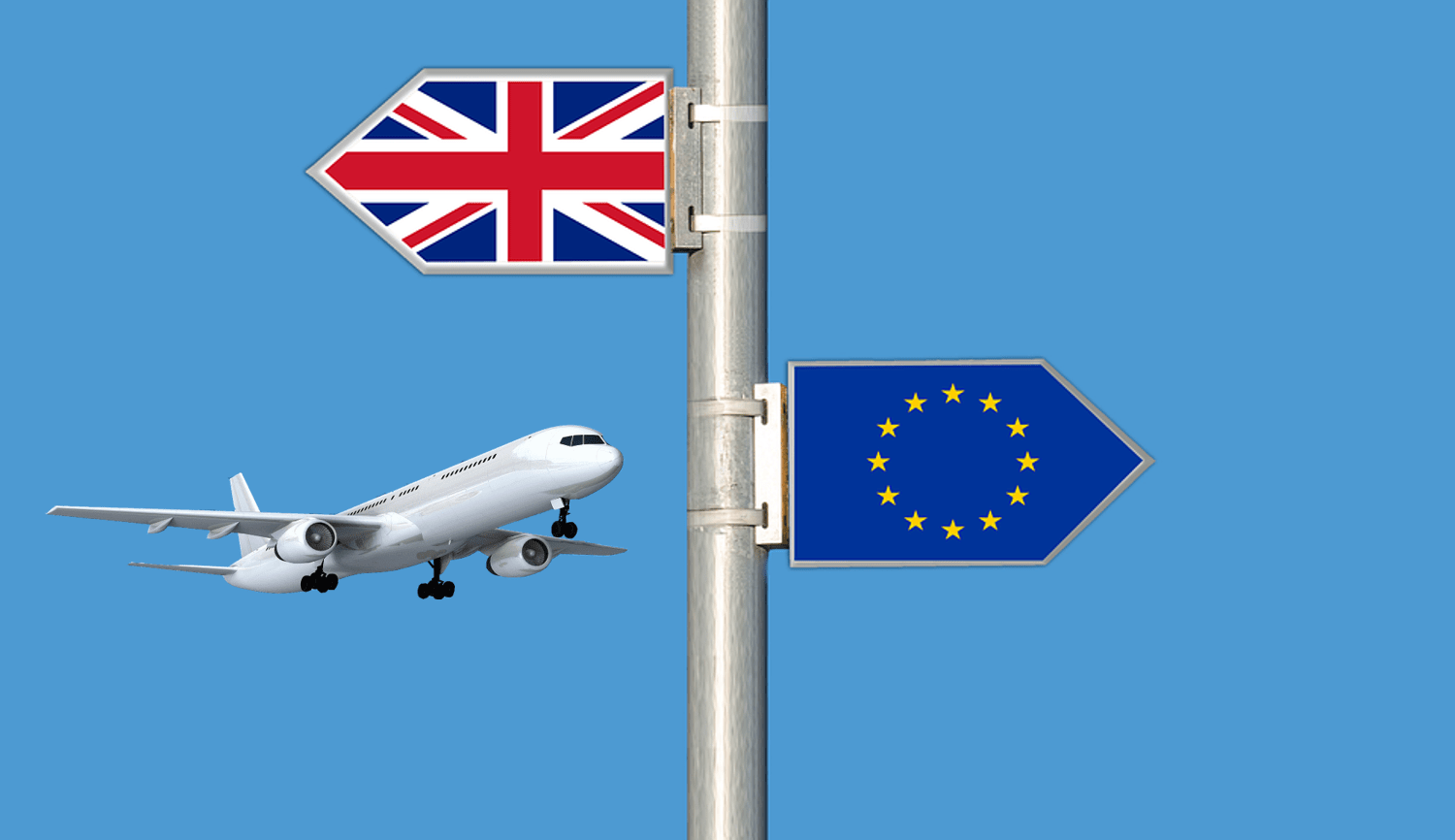 Un avion décollant devant deux panneaux indiquant des directions différentes pour le Royaume Uni et l'Union Européenne.