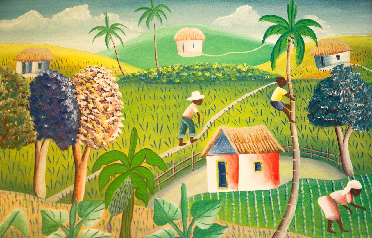 Un vol Haïti pas cher avec Algofly illustré par une peinture typique représantant un champs de plantation et de petites cahutes.